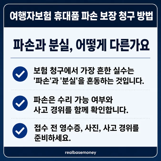 여행자보험 휴대품 파손 보장 청구 방법 - 여행자보험 휴대품 파손 보장 청구 방법, 파손과 분실, 어떻게 다른가요 카드뉴스