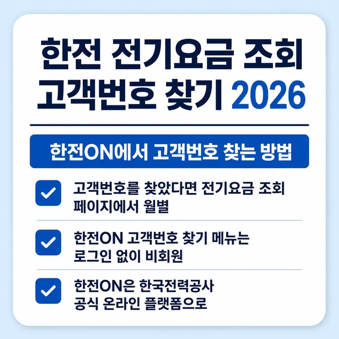 한전 전기요금 조회 고객번호 찾기 2026 알아보기 - 한전ON에서 고객번호 찾는 방법 카드뉴스
