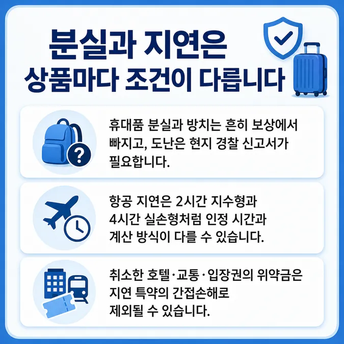 여행자보험 비교 가입 전 보장항목 확인 - 휴대품손해와 항공 지연에서 놓치기 쉬운 제외 조건 카드뉴스