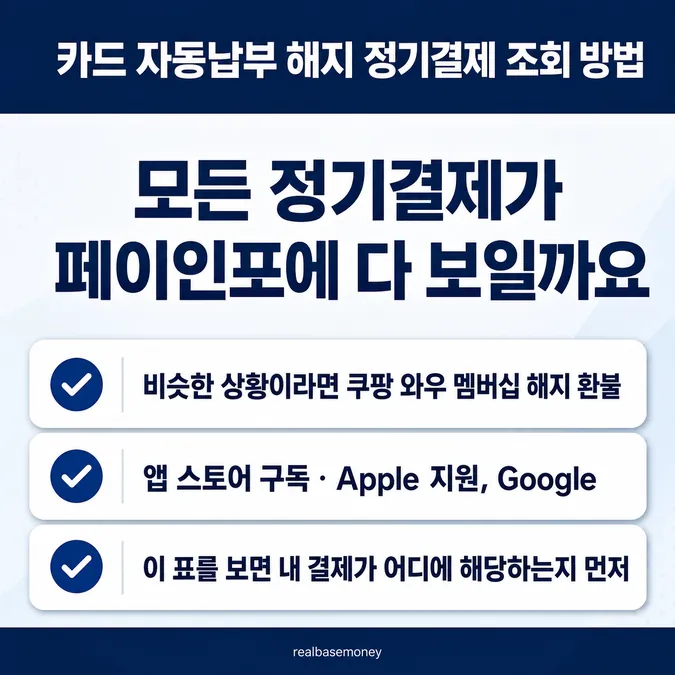 카드 자동납부 해지 정기결제 조회 방법 알아보기 - 모든 정기결제가 페이인포에 다 보일까요 카드뉴스