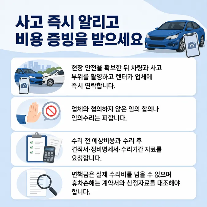 렌터카 자차보험 면책금과 완전자차 차이 - 렌터카 사고 발생 시 비용 확인과 대응 방법 카드뉴스