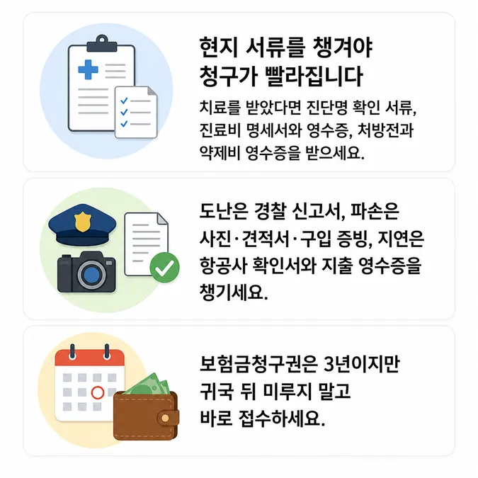 여행자보험 비교 가입 전 보장항목 확인 - 사고가 나면 현지에서 바로 챙겨야 할 청구 서류 카드뉴스